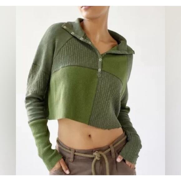 Urban Outfitters Crop Long Sleeve Henley Waffle Knit Top XS Green Patchwork Snap - Picture 6 of 7